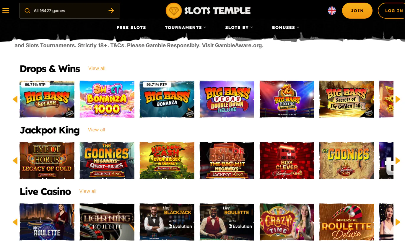 Slots Temple homepage showing casino sections and tournament information