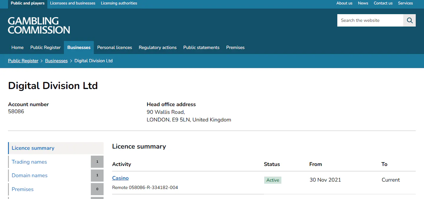 UK Gambling Commission licence entry for Digital Division Ltd