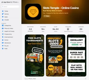 Apple App Store listing for Slots Temple - Online Casino, provided by Digital Division Ltd