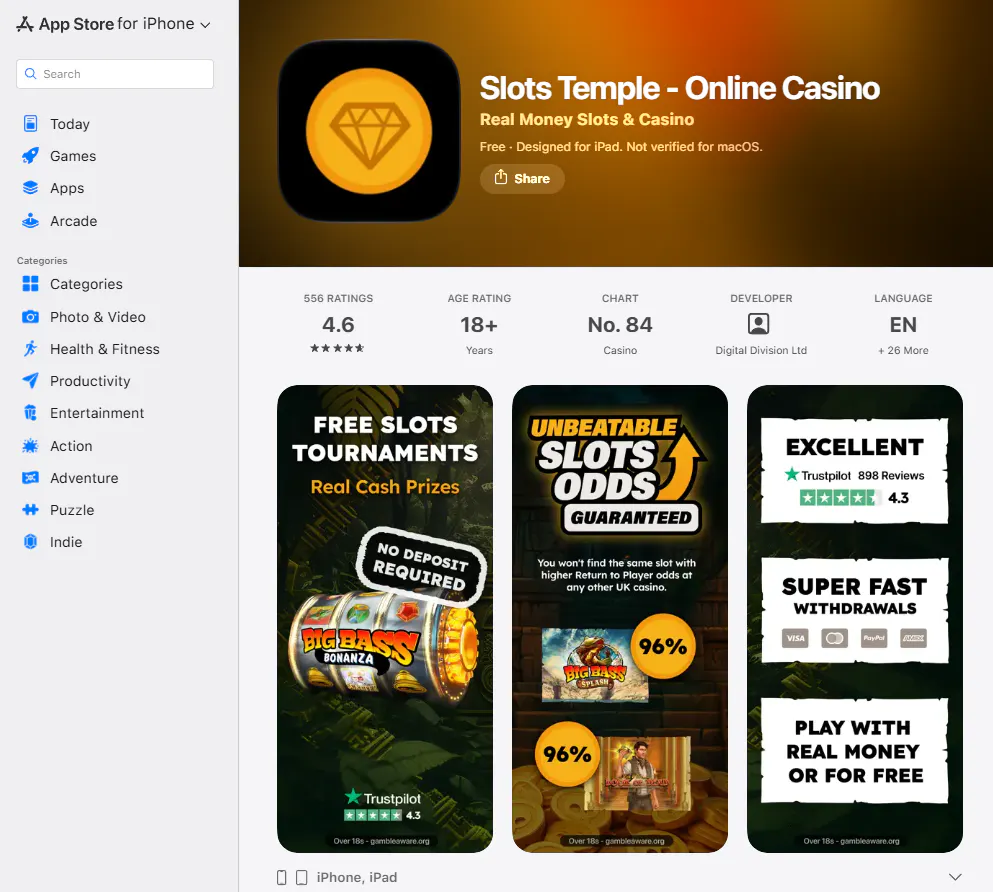 Apple App Store listing for Slots Temple - Online Casino, provided by Digital Division Ltd