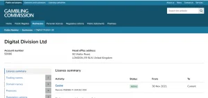 Gambling Commission register entry for Digital Division Ltd, account 58086