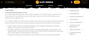 Slots Temple account terms covering registration and identity checks