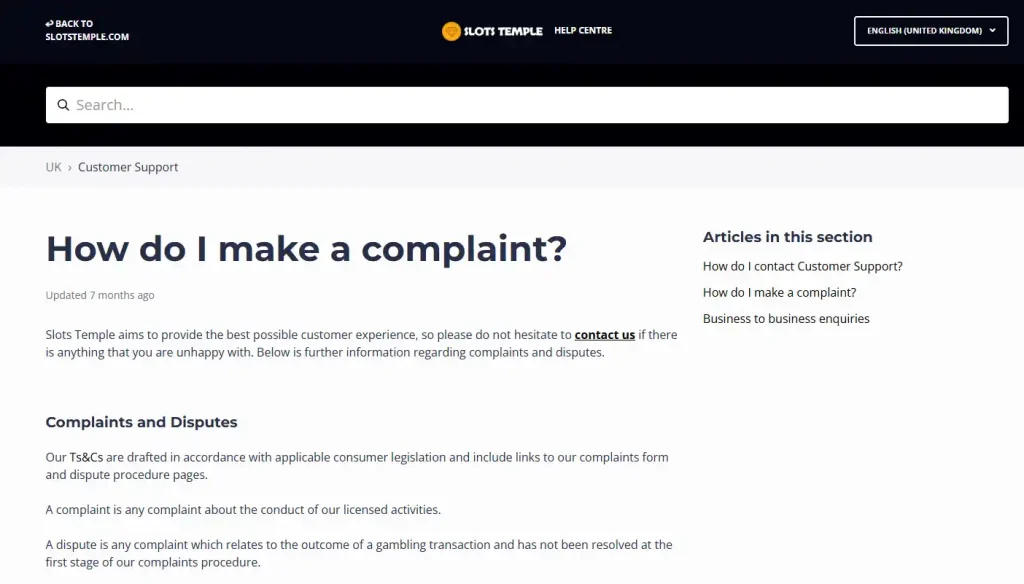 Slots Temple complaints procedure and IBAS information