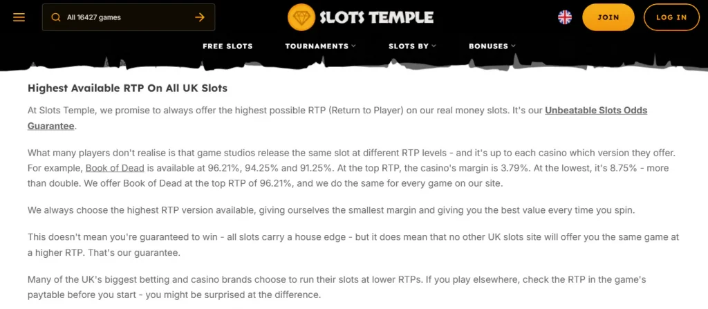 Slots Temple explanation of its return-to-player policy