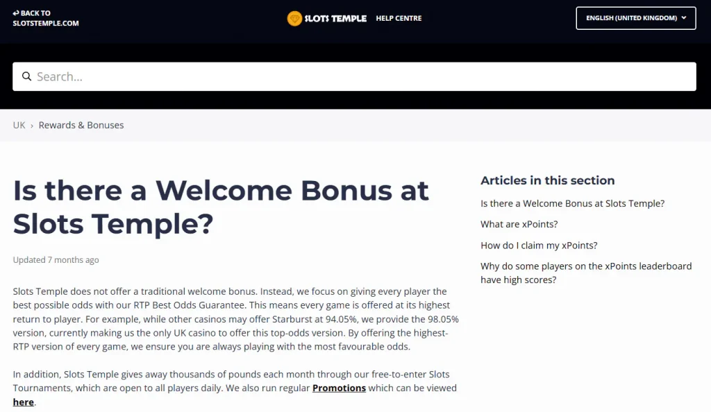 Slots Temple information about its welcome offer