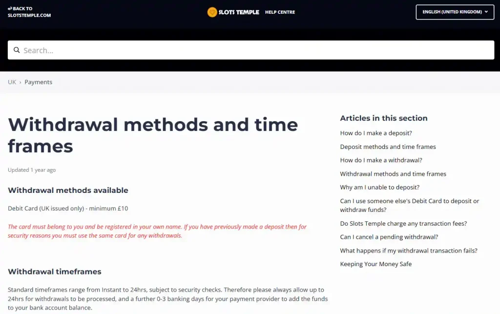 Slots Temple withdrawal methods and payment times
